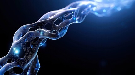 A blue, twisted, and glowing strand of something that looks like a strand of DNA