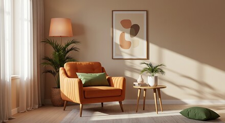 Minimalist home interior design of modern living room. Serene reading corner with orange armchair, small side table and lush green plant. The natural light highlights soft rug and warm-toned wall.