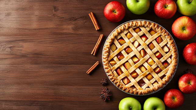 Festive Baked Dessert with Lattice Crust and Fruit Filling Surrounded by Apples and Cinnamon Sticks
