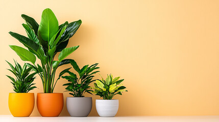 Grouping of Potted Plants Against Warm Tone Wall in Modern Interior Design Decorative Arrangement