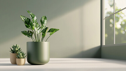 Fototapeta premium Indoor Plants in Green and Beige Pots Near Window Revealing Exterior Greenery and Natural Light