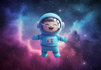 Joyful Child Astronaut Floating in a Stellar Nebula: A 3D Rendered Space Adventure