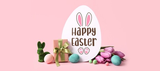 Easter greeting card, eggs, gift, toy bunny and flowers on pink background