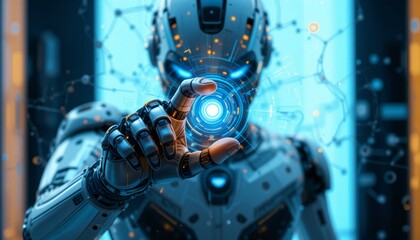 Fototapeta premium A Humanoid Robot Interacting with Digital Interface.