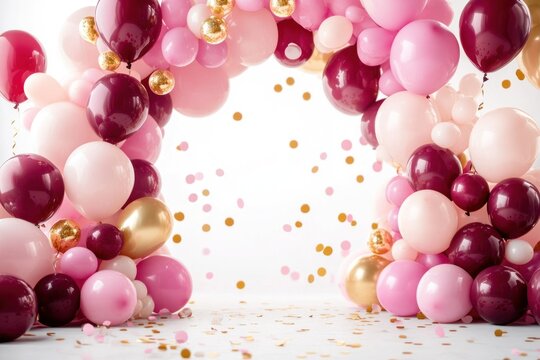Beautiful decorations comprised of balloons and golden confetti particles - Powered by Adobe