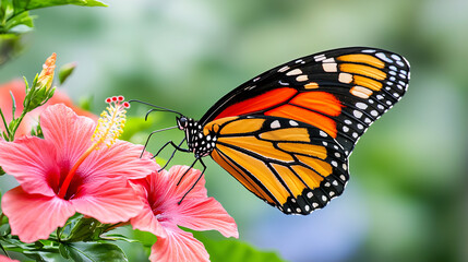 Naklejka premium Monarch Butterfly Delighting on Hibiscus Blossom A Symphony of Colors and Nectar Consumption