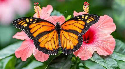 Naklejka premium Monarch Butterfly Resting on a Pink Hibiscus Flower A Colorful Close Up Nature Composition 94 Chars