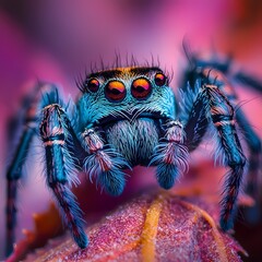 Macro shot of a Spider with Vibrant colors, with full focus on he Spider.