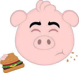 vector illustration emoji character face pig cartoon, eating a hamburger