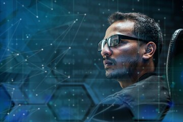 Man analyzing binary code on virtual screen