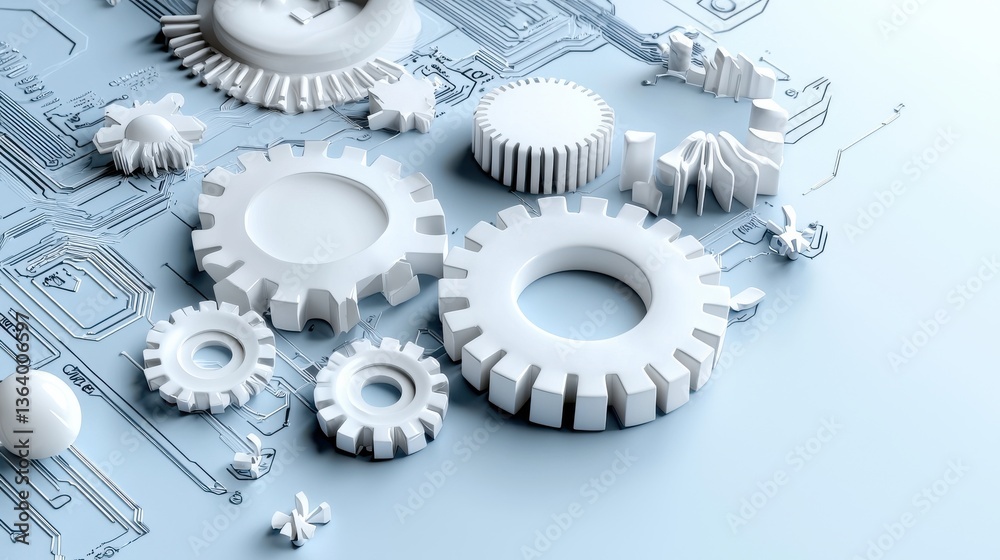 Poster a collection of gears and wheels are arranged on a blue background
