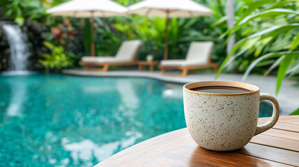 Obraz premium Tranquil Morning Coffee by the Pool Relaxing Vacation Escape with Waterfall Paradise Ambiance