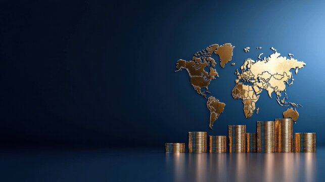 A gold coin stack is on top of a blue background with a world map