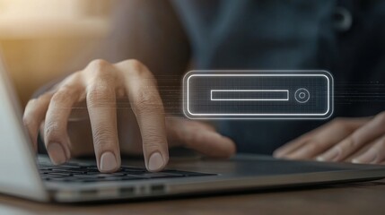 Closeup view of a person s hands typing on a laptop keyboard in a contemporary office workspace  The image depicts the use of technology productivity