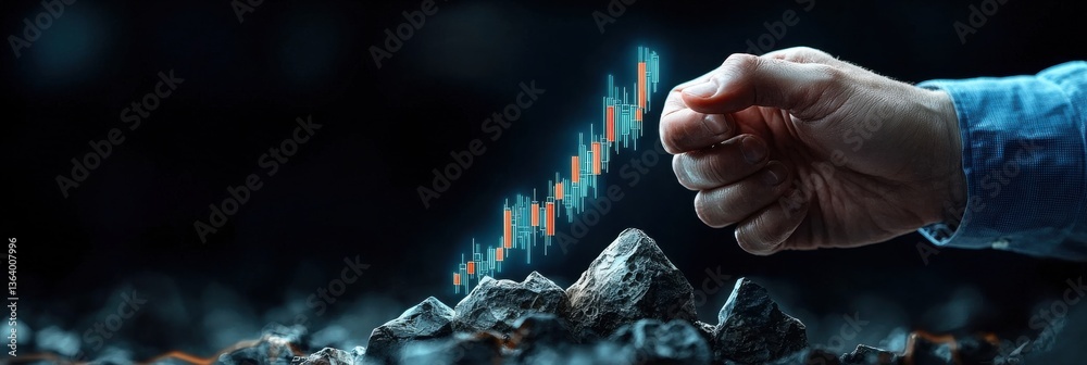 Fototapete a hand is holding a graph with a line that is pointing up