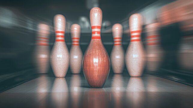 Blurred motion of bowling pins and ball in a competitive game at a bowling alley capturing the intensity energy and strategic focus of this popular recreational sport