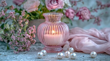 Obraz premium Elegant Pink Candlelight Arrangement with Flowers Cozy Home Setting Decorative Photography Romantic Atmosphere