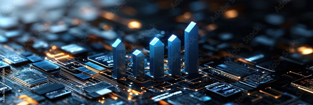 Aufkleber A computer chip with a blue and orange design of buildings