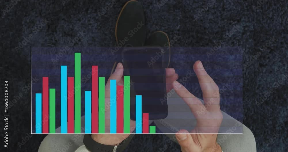 Poster using smartphone, hands interacting with colorful bar graph animation on screen