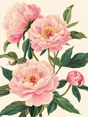 Beautiful vector floral illustration of pink peonies with buds and leaves perfect for wedding invitation or greeting card designs