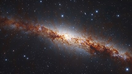 A vibrant, elongated galaxy with a bright core, surrounded by countless stars in a dark, cosmic expanse.