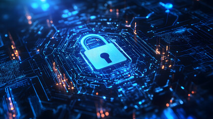 Digital Security: A glowing padlock illuminates the complex circuitry of a motherboard, symbolizing the protection of sensitive data in the digital age.