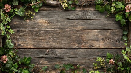 Obraz premium Rustic Wooden Background with Greenery and Floral Accents