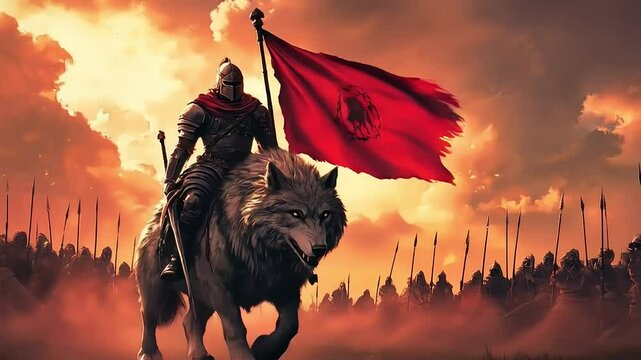 Warrior knight with battle gear holding flag, riding a massive wolf with troops behind in a medieval scene
