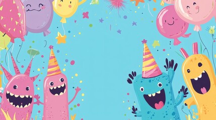 Colorful Cartoon Monsters Celebrating with Balloons and Confetti