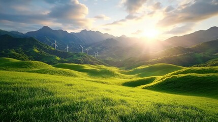 Obraz premium Majestic windmills silently standing tall in a lush green countryside landscape surrounded by rolling hills and valleys bathed in the warm glow of a breathtaking sunset A serene peaceful