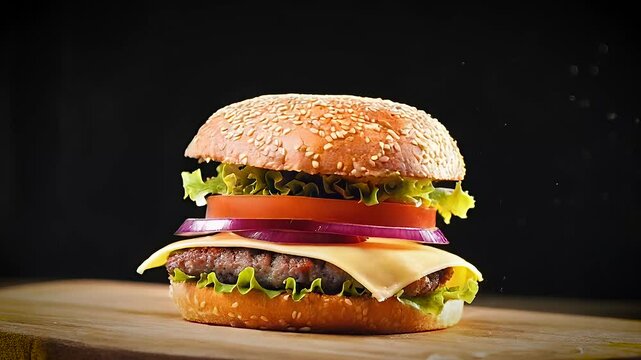 deconstructed hamburger being separated in mid air and then coming back together to form a hamburger sandwich, isolated on a black background