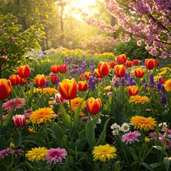 Fototapeta premium colorful spring garden, blooming paradise, tulips and cherry blossoms, golden sunlight, warm breeze, butterflies fluttering, dreamy atmosphere, lush greenery, soft petals falling, whimsical beauty