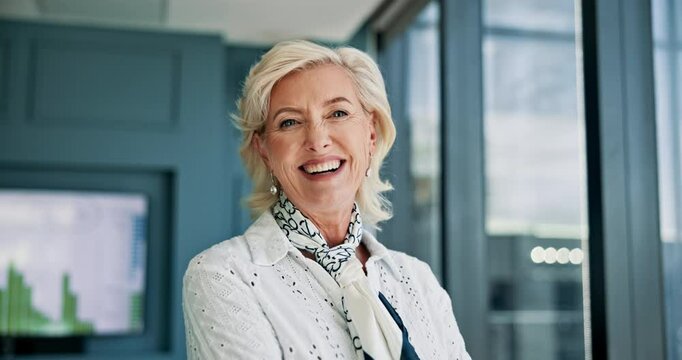 Mature, business woman and face with confidence for corporate pride, ambition or development at office. Portrait, female person or executive manager with smile or arms crossed for company management