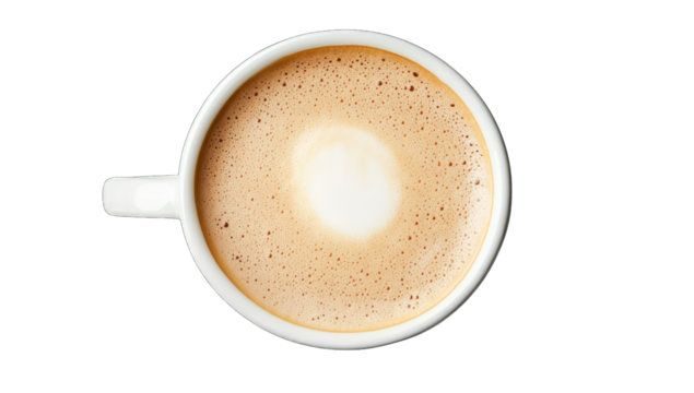 a top-down view of a cup of coffee with a creamy froth design on