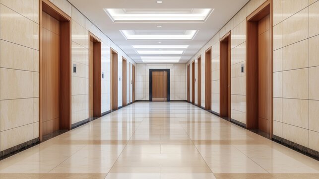Budget hotel chaos elevator event in modern hotel corridor urban setting wide angle view