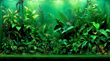Obraz premium Lush green aquatic plants and fish in a planted aquarium tank.