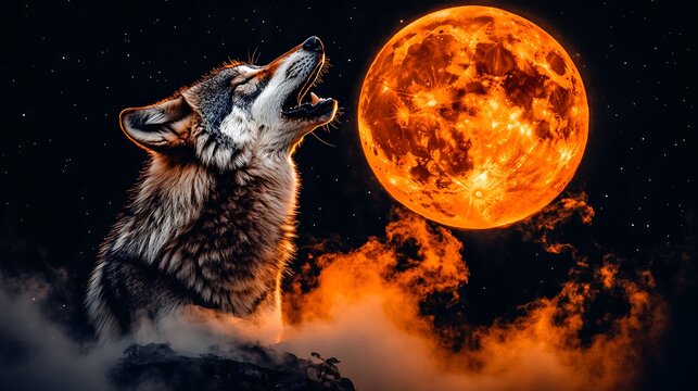 Wolf howling at fiery full moon. - Powered by Adobe