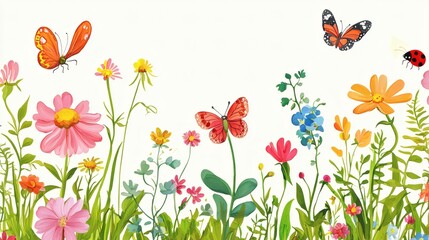 Obraz premium Colorful Meadow with Butterflies and Flowers in Blooming Scene