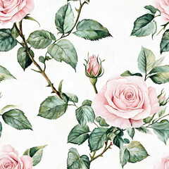 Fototapeta premium A seamless pattern of pink roses, green leaves, and buds on a white background, showcasing detailed and elegant botanical illustrations.