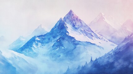 Watercolor painting of majestic mountains with snow-covered peaks and misty valleys