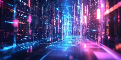 Obraz premium Abstract representation of big data processing with neon glow and data flow imagery. 