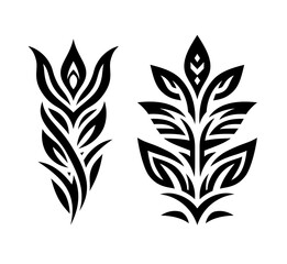 Abstract botanical decorative element, creative graphic clip art with stylized leaves in black lines isolated on transparent background. Vintage ornate floral stencil design.
