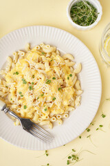 Plate of tasty Italian pasta with Cheddar cheese on yellow background