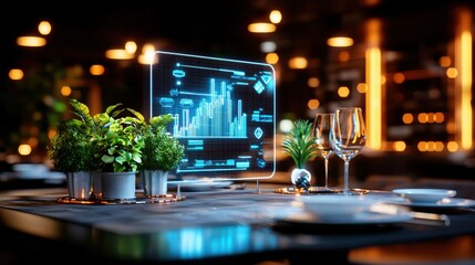 Elegant and sophisticated corporate workplace setting with a digital dashboard displaying financial data and analytics surrounded by modern decor elements like plants and glassware on a desk