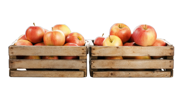 two wooden crates filled with fresh red apples are displayed aga