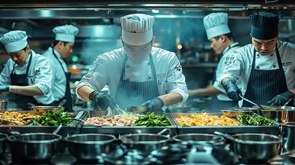 Chefs preparing gourmet dishes in a bustling kitchen with steam and vibrant ingredients
