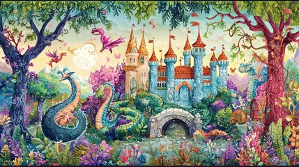 Obraz premium Enchanted Fantasy Castle Surrounded by Magical Creatures and Flora