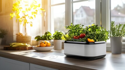 Bright and Nutritious Kitchen Scene with Fresh Vegetables Herbs and Sunlight Streaming Through the Window onto a Wooden Counter Top