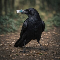 Obraz premium A crow carrying a small polaroid picture in its beak.