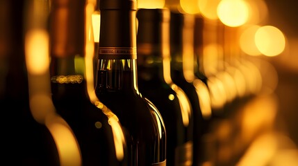A row of wine bottles in focus, soft background blur; elegance and craftsmanship in every detail